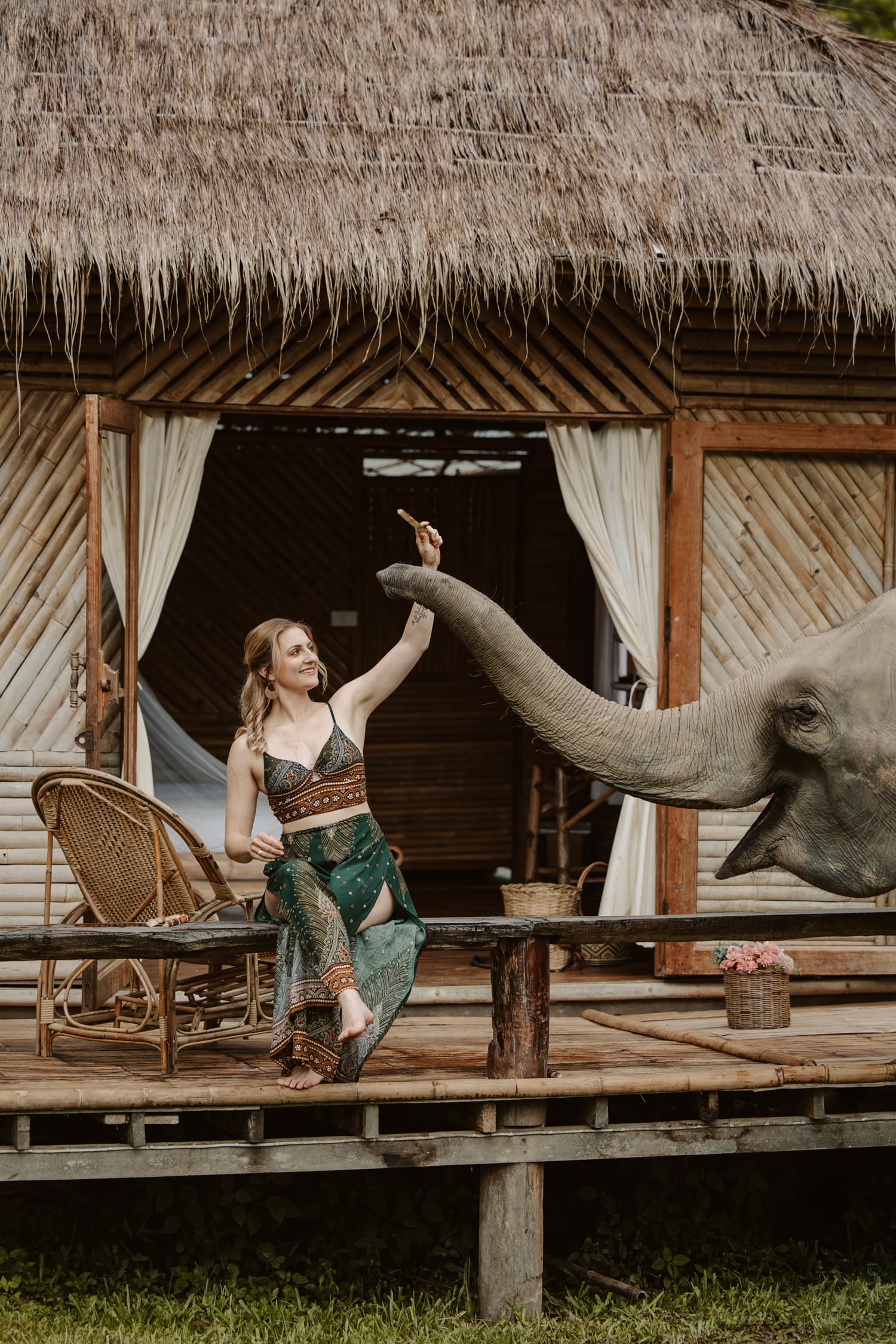 CindyKoWithAnElephant Cindy Ko smiling while posing next to a large elephant outdoors